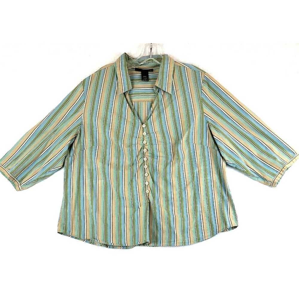 Venezia Women 22/24 Button Down Shirt Blue Green Striped Stretch Blouse